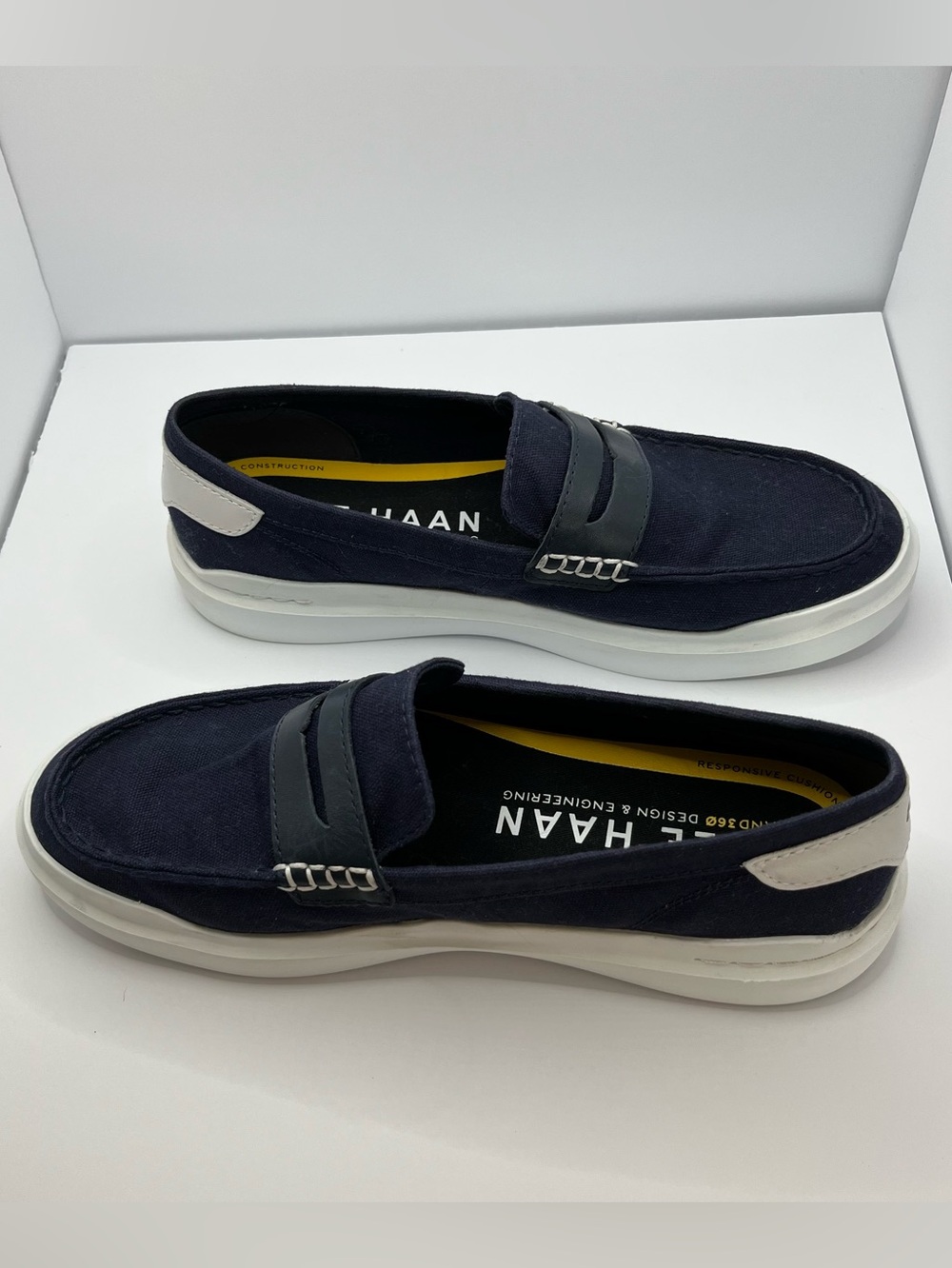 Cole Haan Navy Canvas Penny Loafers with White Platform Sole - Picture 2 of 5